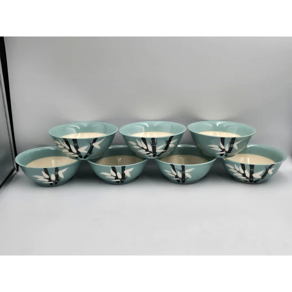 Weil Ware Bamboo Bowls Set of 7 Turquoise Blue MCM California Pottery Fair 5in